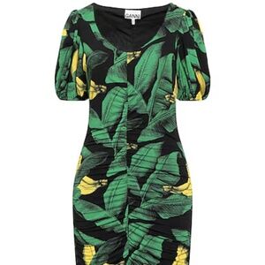 GANNI Women's Leaf Print Bodycon Minidress Black Green 34 (2) NWT